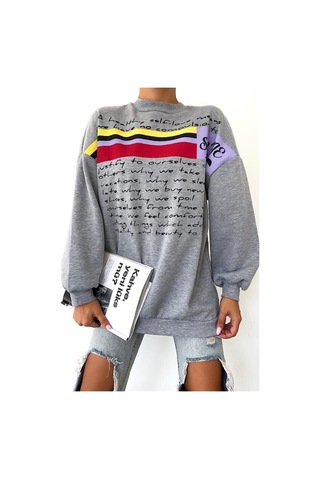 Femelle Yeni Sezon Selfie Baskılı Pamuklu Oversize Sweatshirt Gri