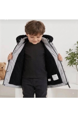 Erkek Çocuk Çıkarılabilir Kapüşonlu Şişme Mont Kaban İçi Yünlü Gri
