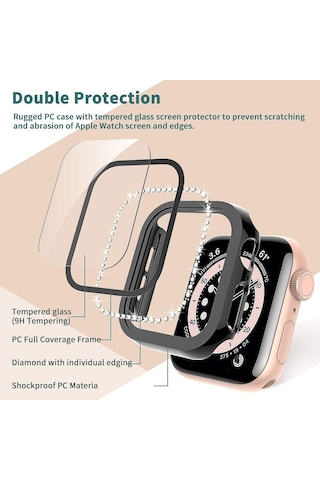 Apple Uyumlu Watch 44mm Ekran Koruyuculu Tek Sıra Kenar Taşlı Sert Pc Kasa Koruyucu