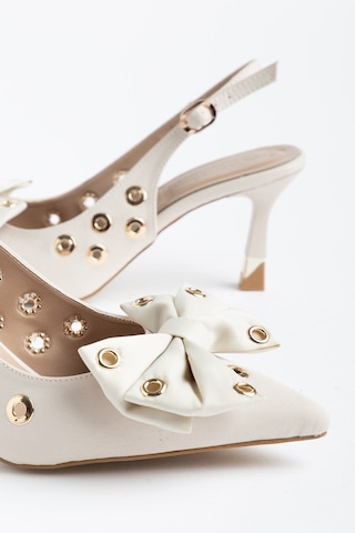 Kadın İnce Topuklu Stiletto Bej Saten Fiyonklu-4691 Bej