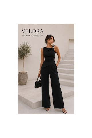 Velora Grup Milano Gold Tokalı Drapeli Bluz & Palazzo Pantolon Kadın Takım Siyah - 912249416 Siyah