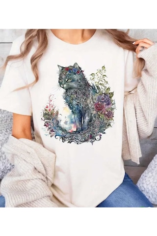 Panda Baskı Tekstil Çiçek Kedi Baskılı Özel Tasarım Oversize Tshirt Beyaz