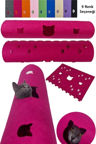 Kedi Oyuncağı Tüneli 1. Kalite 3mm Keçeden Geçmeli Kedi Ve Pati Figürlü 9 Renk A2