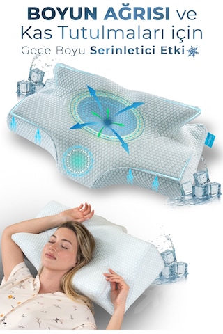 Nox Ice Serinletici Kılıflı Visco Soğuk Boyun Destekli Ortopedik Visco Yastık - Rahat Uyku Ve Güzellik Yastığı 64x38x12,5 Cm Mavi