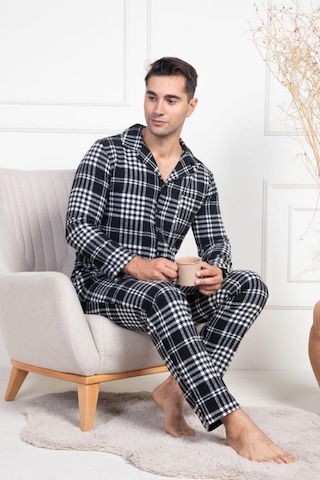 Mecit Pijama Mecit 2950 Erkek Beyaz Ekoseli Büyük Beden Kışlık Pijama Takımı Beyaz