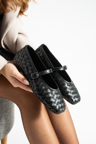 Dabab Shoes Elvıa Siyah Kadın Örgü Dokulu Bilekten Bantlı Tokalı Mary Jane Düz Ayakkabı Babet