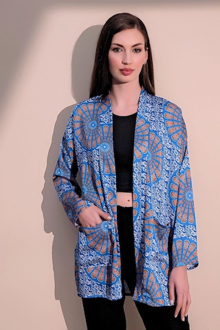 Kadın Saks Etnik Desen Yeni Moda Saten Çift Cepli Salaş Kimono Ceket - Tesettüre Uygun Saks