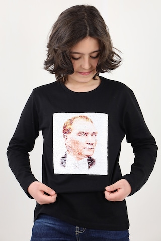Toontoy Kids Toontoy Unisex Çocuk Atatürk Bayraklı Çift Taraflı Pullu Tişört Siyah