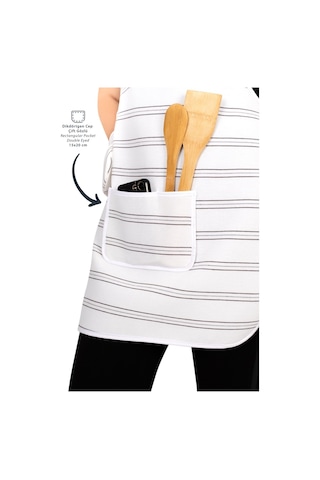 Morlay İnce Çizgili Mutfak Önlüğü Fırın Eldiveni ve Tutacak Takımı Mutfak Çeyiz Seti 4'lü Beyaz - Gri