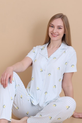 Wordex Mirano 9515 Çizgili Pegasus Pamuklu Kumaş Düğmeli Kısa Kolu Kadın Pijama Takımı Ekru
