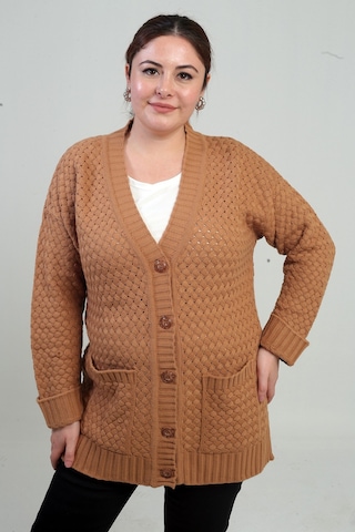 By Saygı Kadın Sepet Örgü Model Cepli Tunik Hırka Camel