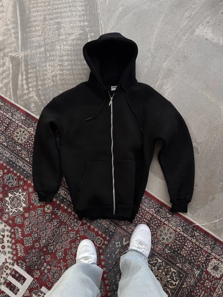 Amorluxe Oversize Tam Fermuarlı Uzun Kol Hırka - Siyah