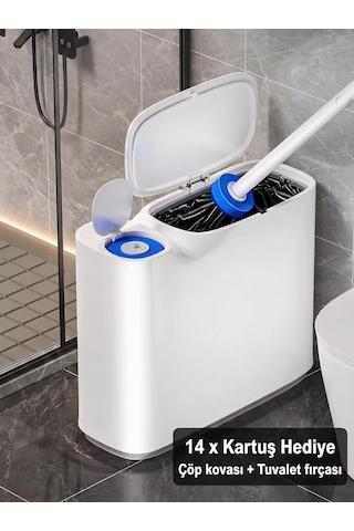 Kartuşlu Tuvalet Fırçası Ve Çöp Kovası Seti 2'si 1 Arada Dokunmatik Kapaklı Hijyenik Wc Banyo Temi Beyaz