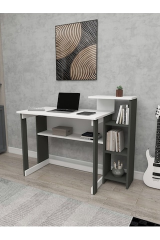 Enda Home Saye 5 Raflı Kitaplıklı Çalışma Masası Antrasit - Beyaz Koyu Gri - Beyaz