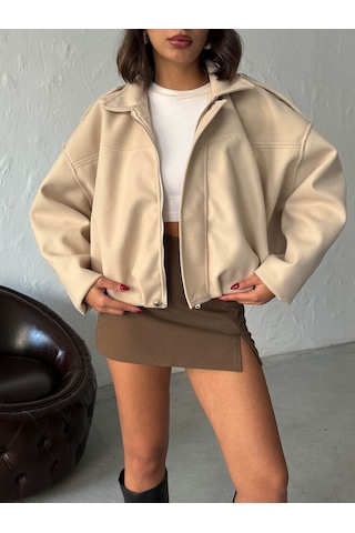 Hopıan Kadın Bej Crop Oversize Ceket Mont Açık Bej