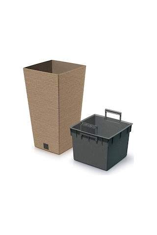 Furu Ahşap Katkılı Kare Plastik Saksı Açık Kahverengi