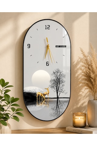 Doğanın Yansıması Geyik Temalı Dekoratif Oval Duvar Saati 60x30 Cm Modern Salon Ve Ofis Saati Siyah
