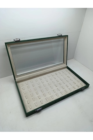 Yeni Cam Kapaklı Süet Yeşil Kumaş 45 Cm / 25 Cm Tırnaklı Yüzük Tablası