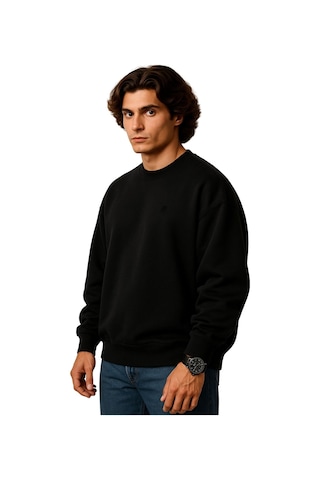 Erkek Büyük Beden 122 Kilo-158 Kilo Arası İçin Uygun Geniş Kalıp Bisiklet Yaka Pamuklu Selanik Kazak Siyah