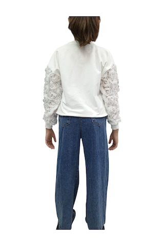 İrem Çocuk Giyim Kız Çocuk Tül Kollu Gül Detaylı Sweatshirt Ve Bol Paça Kot Pantolon Takımı Beyaz