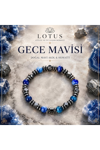 Gece Mavisi Premium Bileklik %100 Doğal Mavi Akik & Hematit Doğal Taş Bileklik