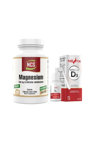 Ncs Magnesium Malat Taurat Glisinat Element Formül 180 Tablet + Nevfix Vitamin D3 Sıvı Sprey 20 ml
