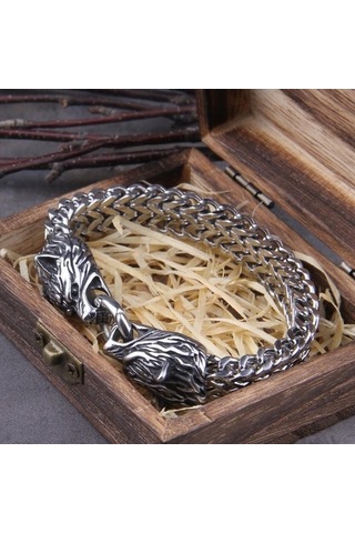 Novahub Çelik Paslanmaz Viking Odin Kurt Kafası İskandinav Erkek Bilezik, Deri Ve Çelik Takı, Punk Tılsım Hediye Çok Renkli