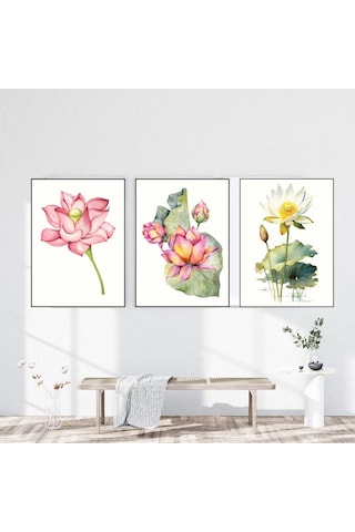 Suluboya Lotus Çiçeği 3'lü Japon Çiçek Çerçevesiz Poster 50 X 70