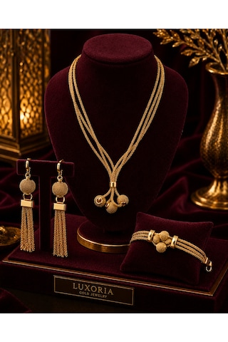 Nova Shine Altın Kaplama Kolye Bileklik Ve Küpe 3'lü Şık Kadın Takı Seti Luxury