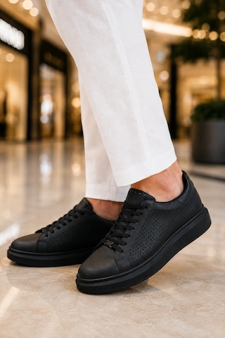 Mevese Tromto Bağcıklı Cilt Delikli Erkek Günlük Sneaker Ayakkabı - Siyah