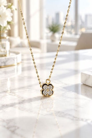 Gold Renk Siyah Çerçeveli Yonca Çelik Kolye Çok REnkli