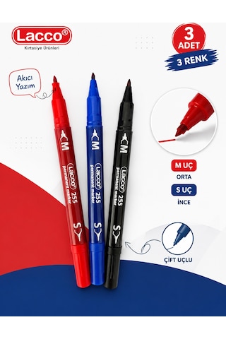 Lacco 255 Permanent Marker Kalem 3'lü Set Çift Uçlu M Ve S Uç Siyah Mavi Kırmızı Kalıcı İşaretleme Kalemi Çok Renkli