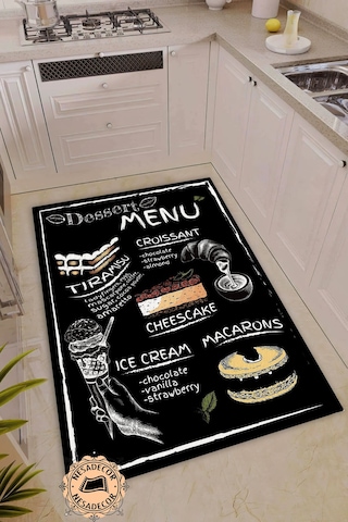 Menu Desenli Dekoratif Halı Makinede Yıkanabilir Yolluk Siyah