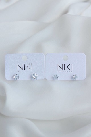 Niki Aksesuar Zirkon Yıldız Taşlı Çelik Büyük Boy Ve Küçük Boy Küpe Set Gümüş