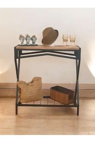Metal Dresuar Ahşap Raflı Stand Çok Amaçlı Salon Ve Hol Rafı Siyah
