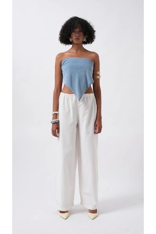 Defymoda Bağlamalı Denim Crop Mavi
