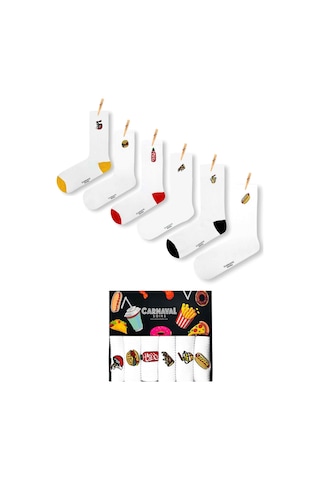 Carnaval Socks 6'lı Fast Food Nakışlı Çorap Seti Beyaz Nakışlı Beyaz