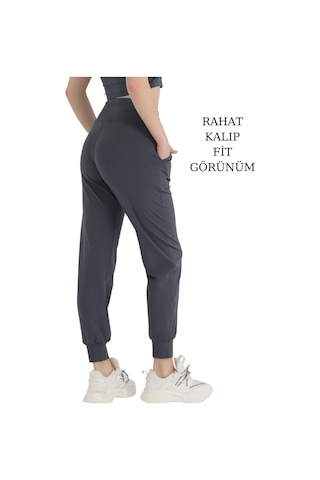 Kadın Curve Eşofman Alt Antrasit Jogger Dalgıç Kumaş Yüksek Bel Çift Cepli Joggers 1061 Antrasit