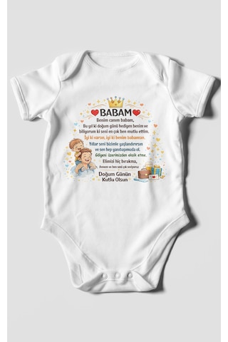 Morivokids Babam Doğum Günün Kutlu Olsun Kısa Kollu Bebek Body %100 Pamuk Beyaz