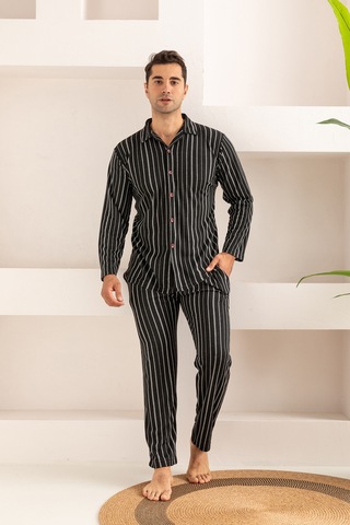 Erkek Jakarlı Düğmeli Pamuk Pijama Takımı- Çizgili Erkek Pijama Lacivert