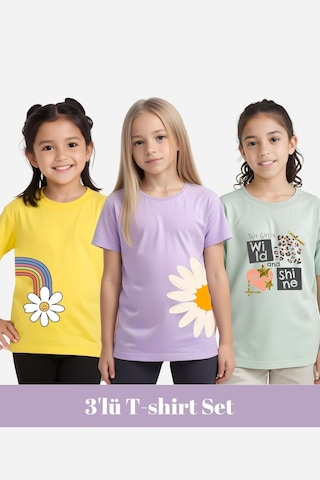 Fyk Kids Kız Çocuk 3'lü - Papatya-girls Baskılı Tişört Çok Renkli