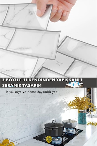 Trendpoint 3d 30 30cm Mutfak Tezgah Arkası Kaplama Kendinden Yapışkanlı Beyaz Mermer Seramik Görünüm