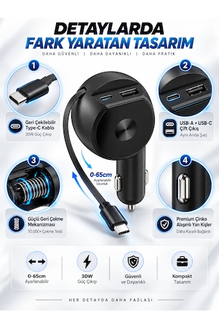 60w 3.4a Hızlı Araç Şarj Cihazı 3'ü 1 Arada Geri Çekilebilir 65cm Kablolu Type-c Usb Çakmaklık Şarj Adaptörü Siyah