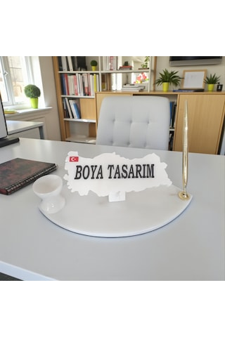 Doğal Beyaz Mermer Masa İsimlik Kalem Ve İğnelikli