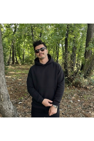 Erkek 3 İplik Basic Oversize Geniş Kesim Kanguru Cepli Kapüşonlu Sweatshirt SIYAH