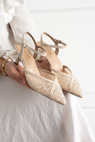 Dabab Shoes Laceva Kadın Bej Dantel Detaylı Sivri Burun 6 Cm Topuklu Slingback Ayakkabı