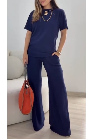 İkales Kadın Kısa Kollu Bisiklet Yaka Viskon Iki Iplik Bluz Ve Pantolon Ikili Takım Lacivert