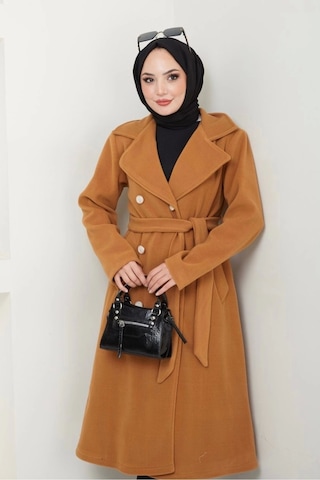Kadın Polar Kaşe Uzun Kaban / M0107 - Camel Kahverengi