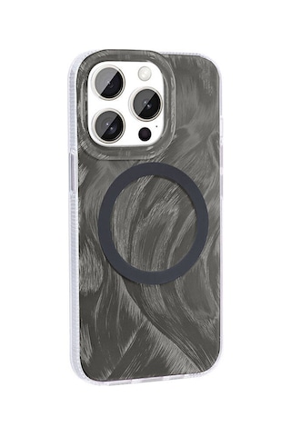 Apple iPhone Uyumlu 15 Pro Kılıf Magsafe Şarj Özellikli Fırça Boya Desenli Palet Kapak - Gri Gri