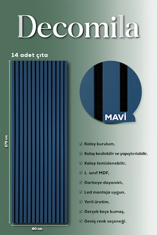 Mdf Ahşap Akustik Duvar Paneli 60x275 Cm - Mavi 60x275